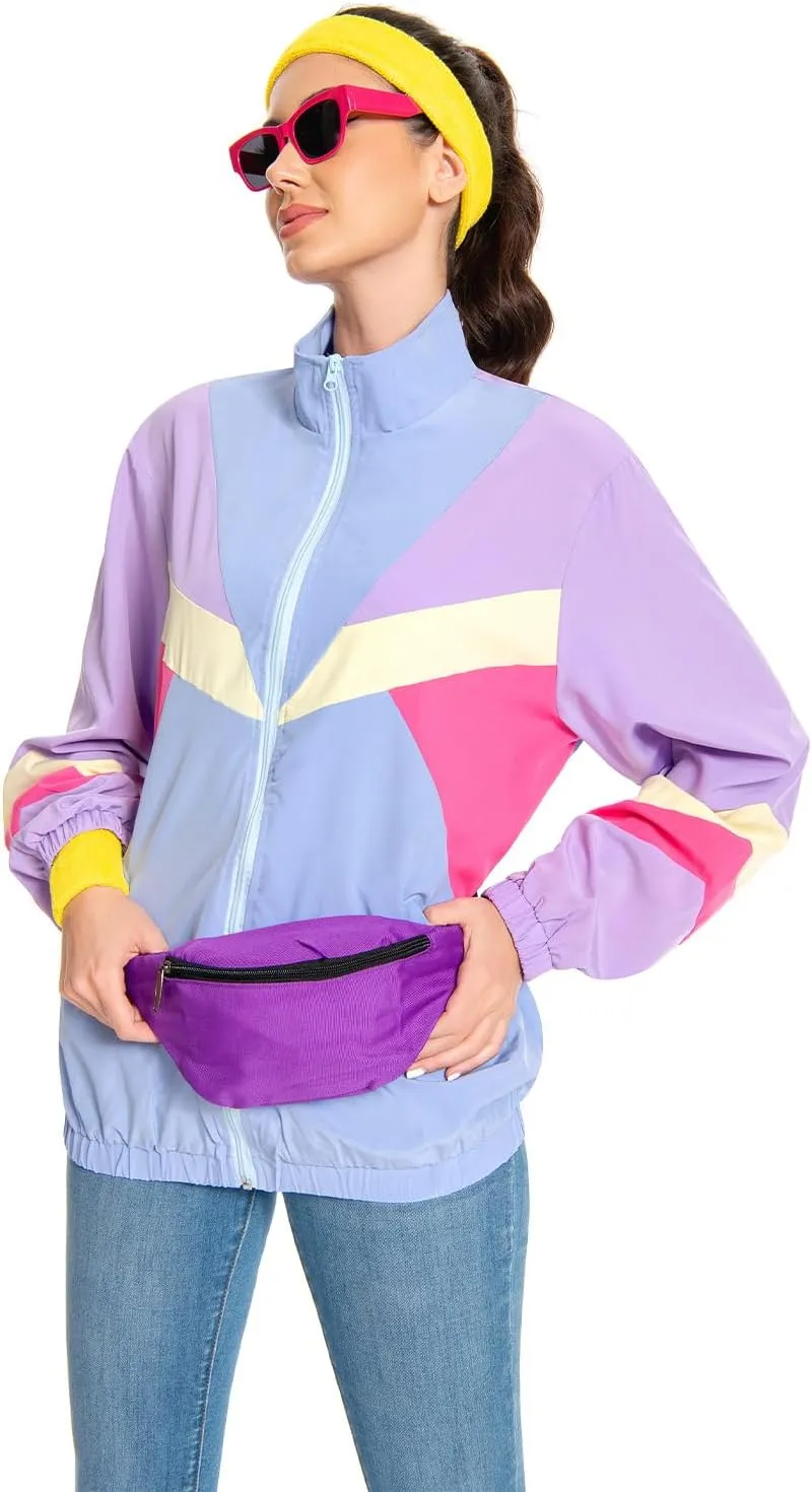 80s Jacket Neon Color Block Bomber Jacket Patchwork Windbreaker Rave Tracksuit Casual Lightweight Jackets