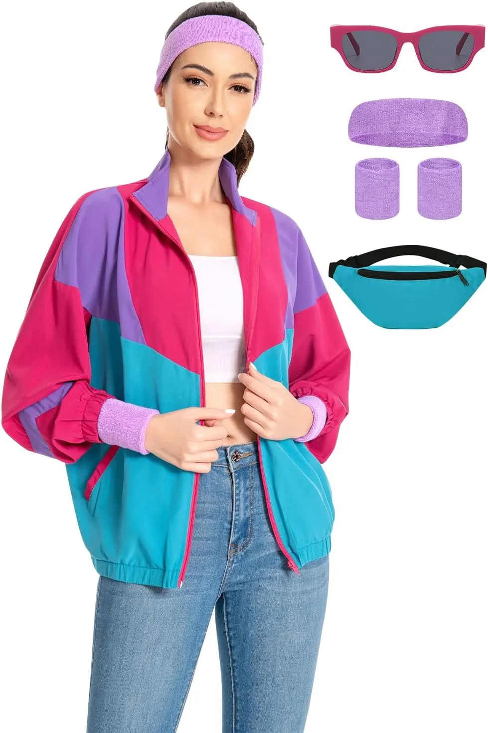 80s Jacket Neon Color Block Bomber Jacket Patchwork Windbreaker Rave Tracksuit Casual Lightweight Jackets