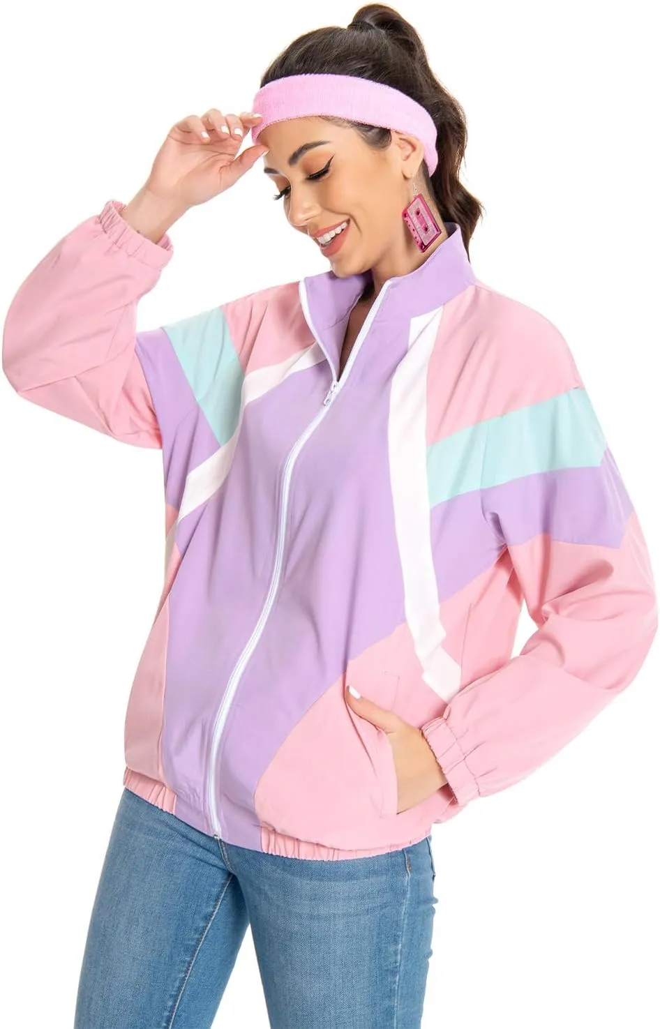 80s Jacket Neon Color Block Bomber Jacket Patchwork Windbreaker Rave Tracksuit Casual Lightweight Jackets