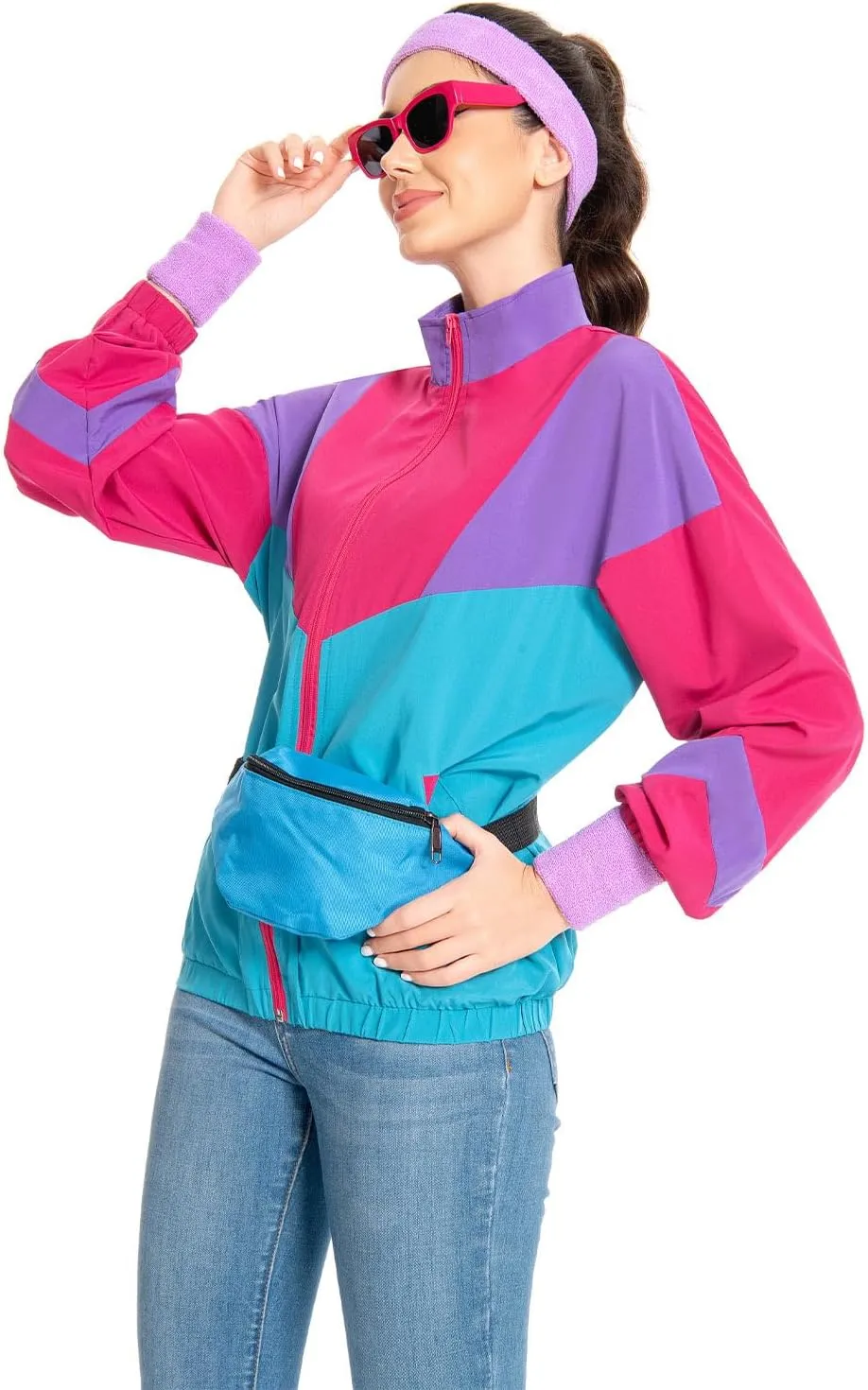 80s Jacket Neon Color Block Bomber Jacket Patchwork Windbreaker Rave Tracksuit Casual Lightweight Jackets
