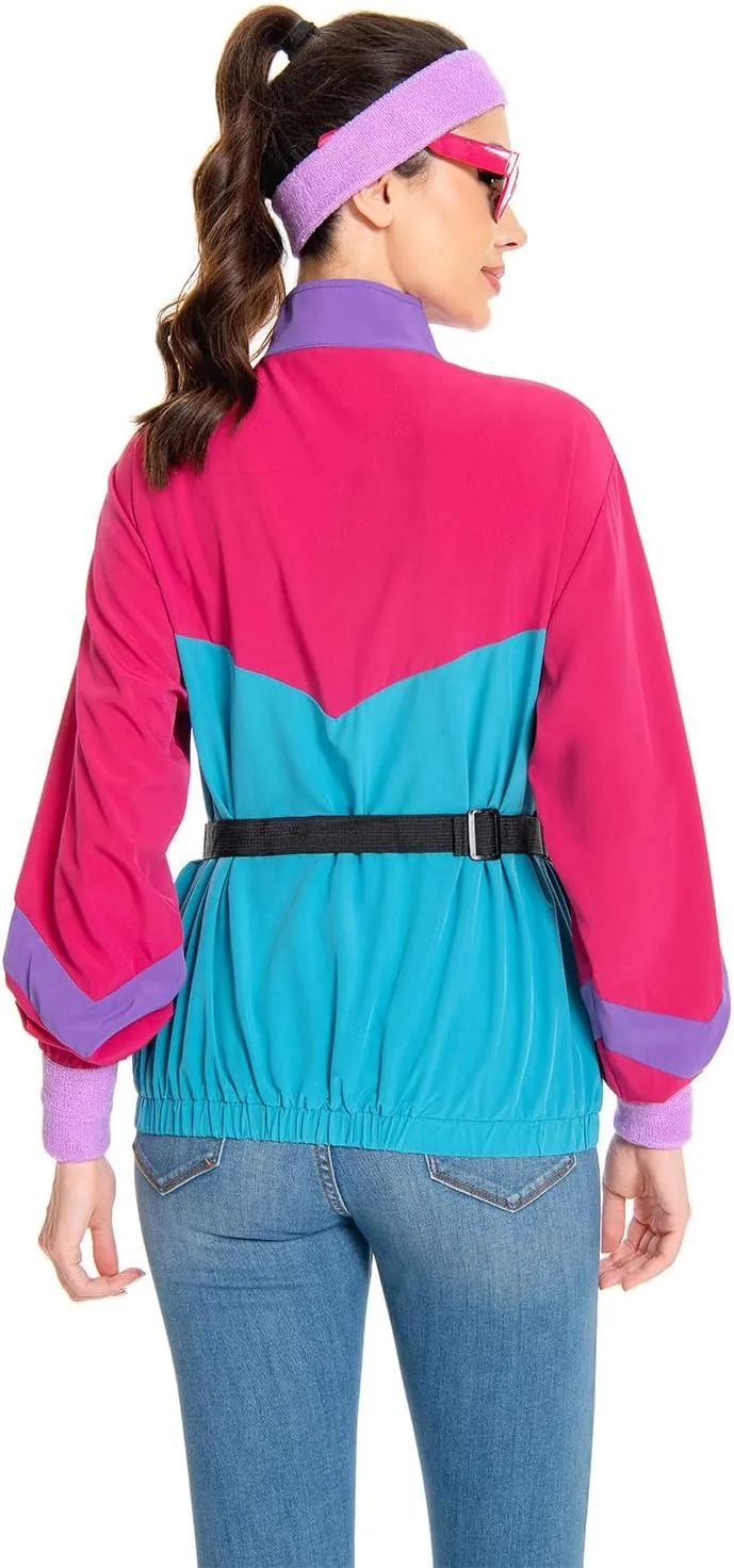 80s Jacket Neon Color Block Bomber Jacket Patchwork Windbreaker Rave Tracksuit Casual Lightweight Jackets