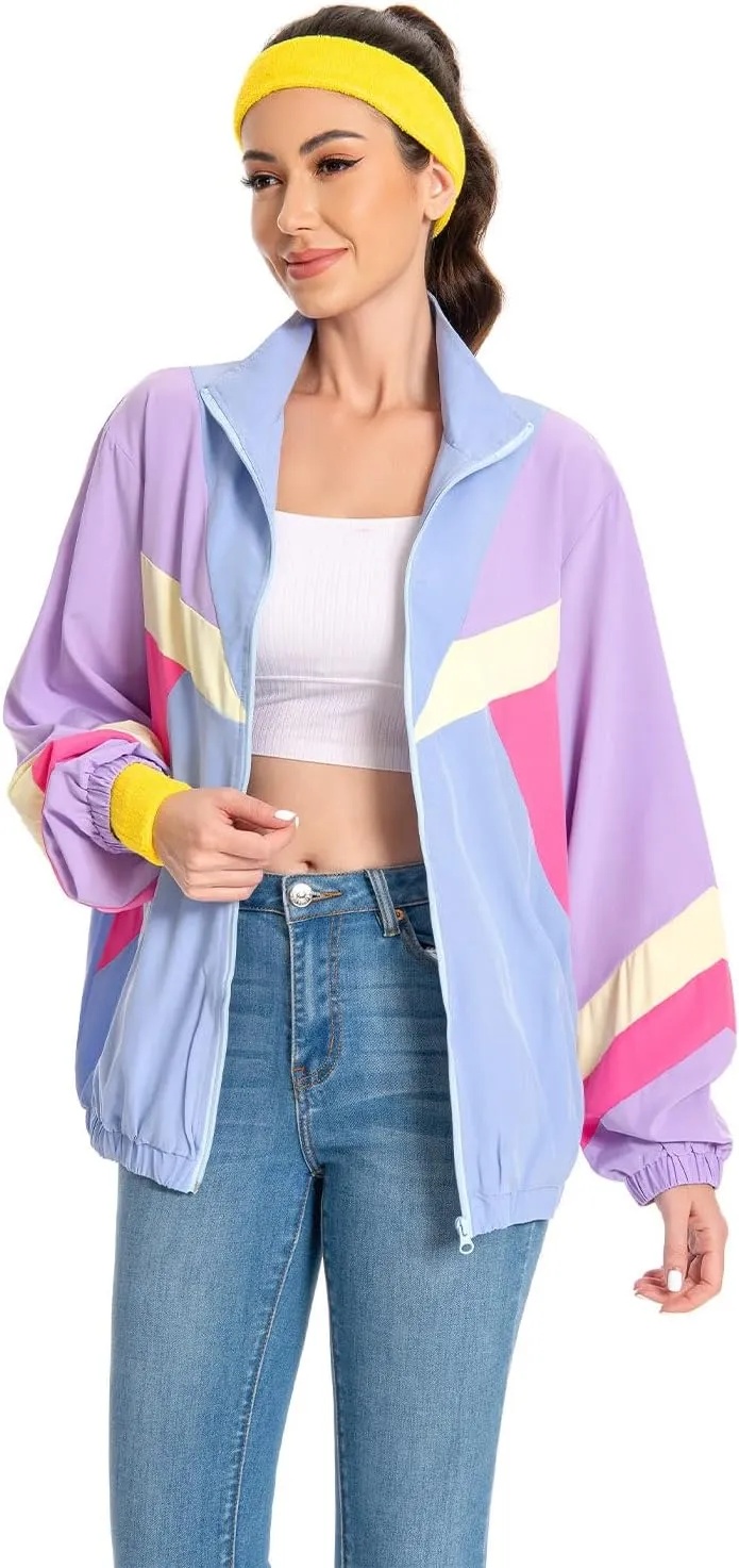 80s Jacket Neon Color Block Bomber Jacket Patchwork Windbreaker Rave Tracksuit Casual Lightweight Jackets