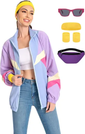 80s Jacket Neon Color Block Bomber Jacket Patchwork Windbreaker Rave Tracksuit Casual Lightweight Jackets
