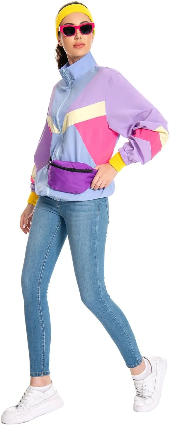 80s Jacket Neon Color Block Bomber Jacket Patchwork Windbreaker Rave Tracksuit Casual Lightweight Jackets