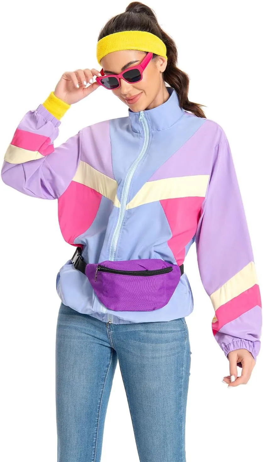 80s Jacket Neon Color Block Bomber Jacket Patchwork Windbreaker Rave Tracksuit Casual Lightweight Jackets
