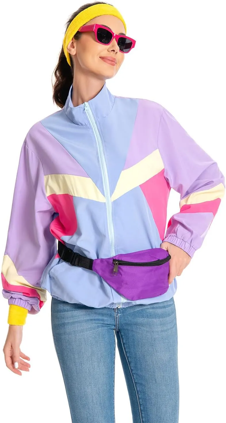 80s Jacket Neon Color Block Bomber Jacket Patchwork Windbreaker Rave Tracksuit Casual Lightweight Jackets