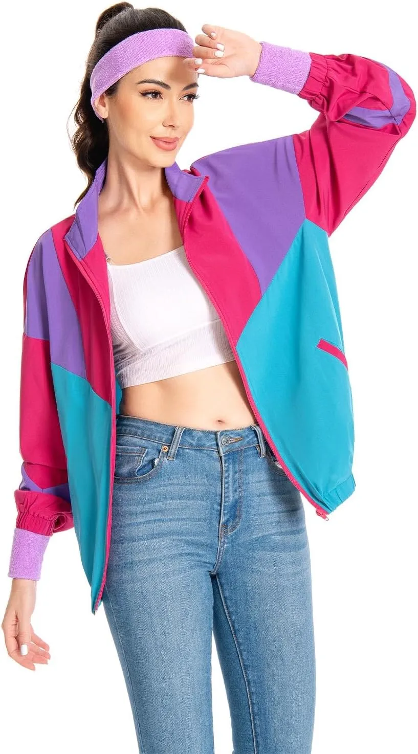 80s Jacket Neon Color Block Bomber Jacket Patchwork Windbreaker Rave Tracksuit Casual Lightweight Jackets