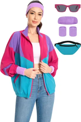 80s Jacket Neon Color Block Bomber Jacket Patchwork Windbreaker Rave Tracksuit Casual Lightweight Jackets