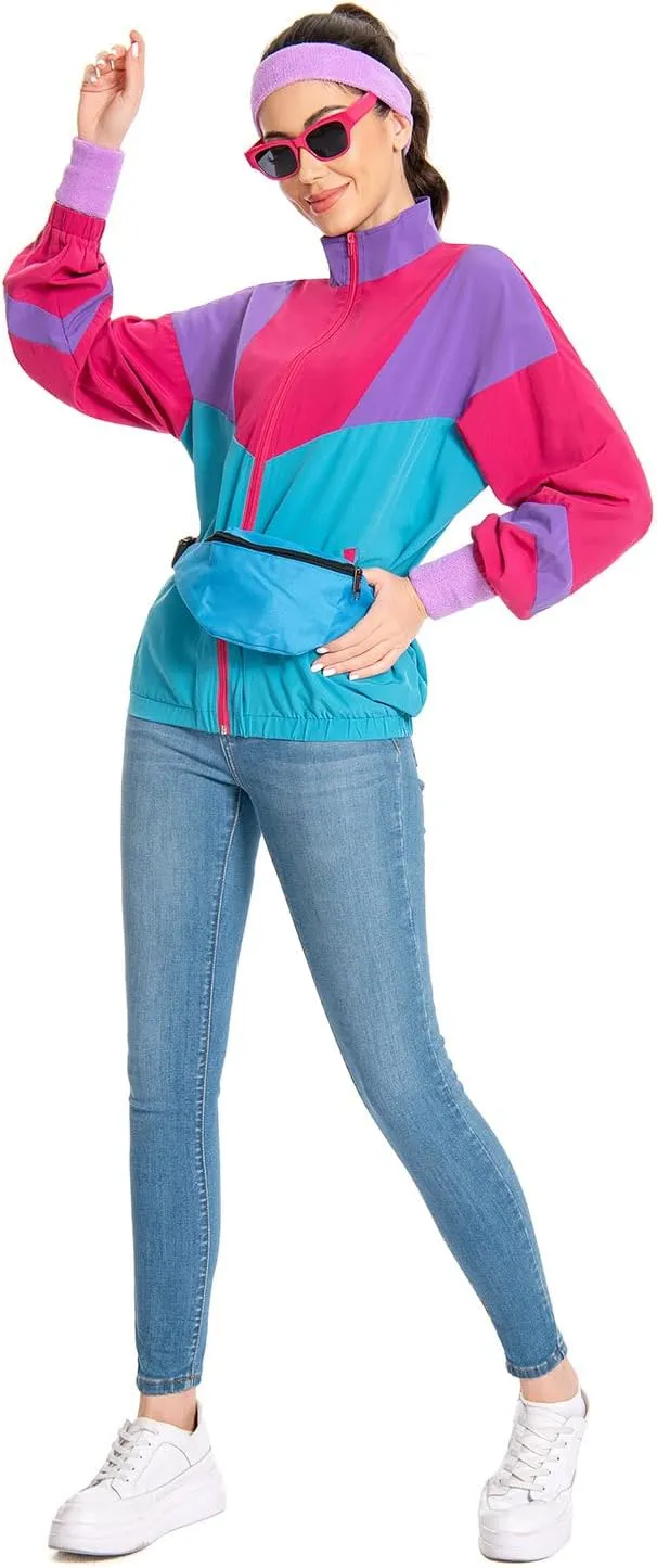 80s Jacket Neon Color Block Bomber Jacket Patchwork Windbreaker Rave Tracksuit Casual Lightweight Jackets