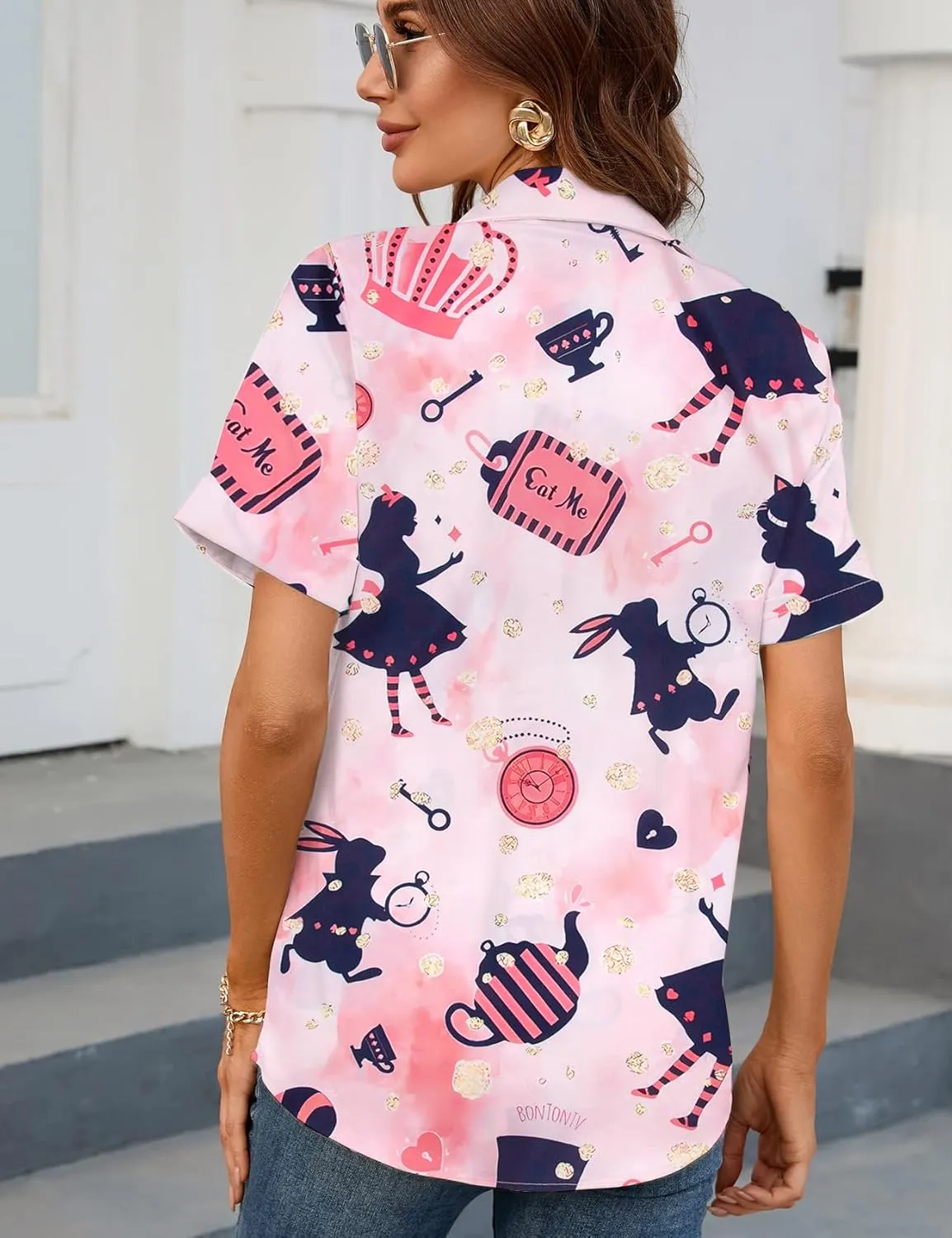 Alice in Wonderland Shirt Women Magic Kingdom Shirts Hawaiian Tshirt Fairy Tale Graphic Holiday Vacation Button up Top