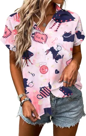 Alice in Wonderland Shirt Women Magic Kingdom Shirts Hawaiian Tshirt Fairy Tale Graphic Holiday Vacation Button up Top