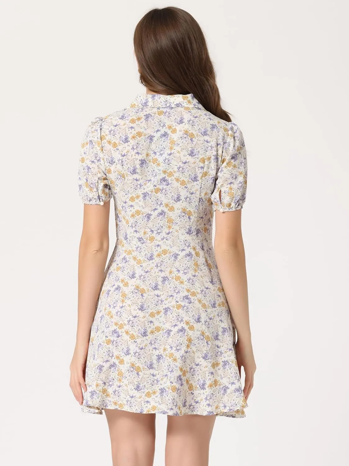 Allegra K Women's Button Up Short Sleeve A-Line Chiffon Vintage Floral Shirt Dress