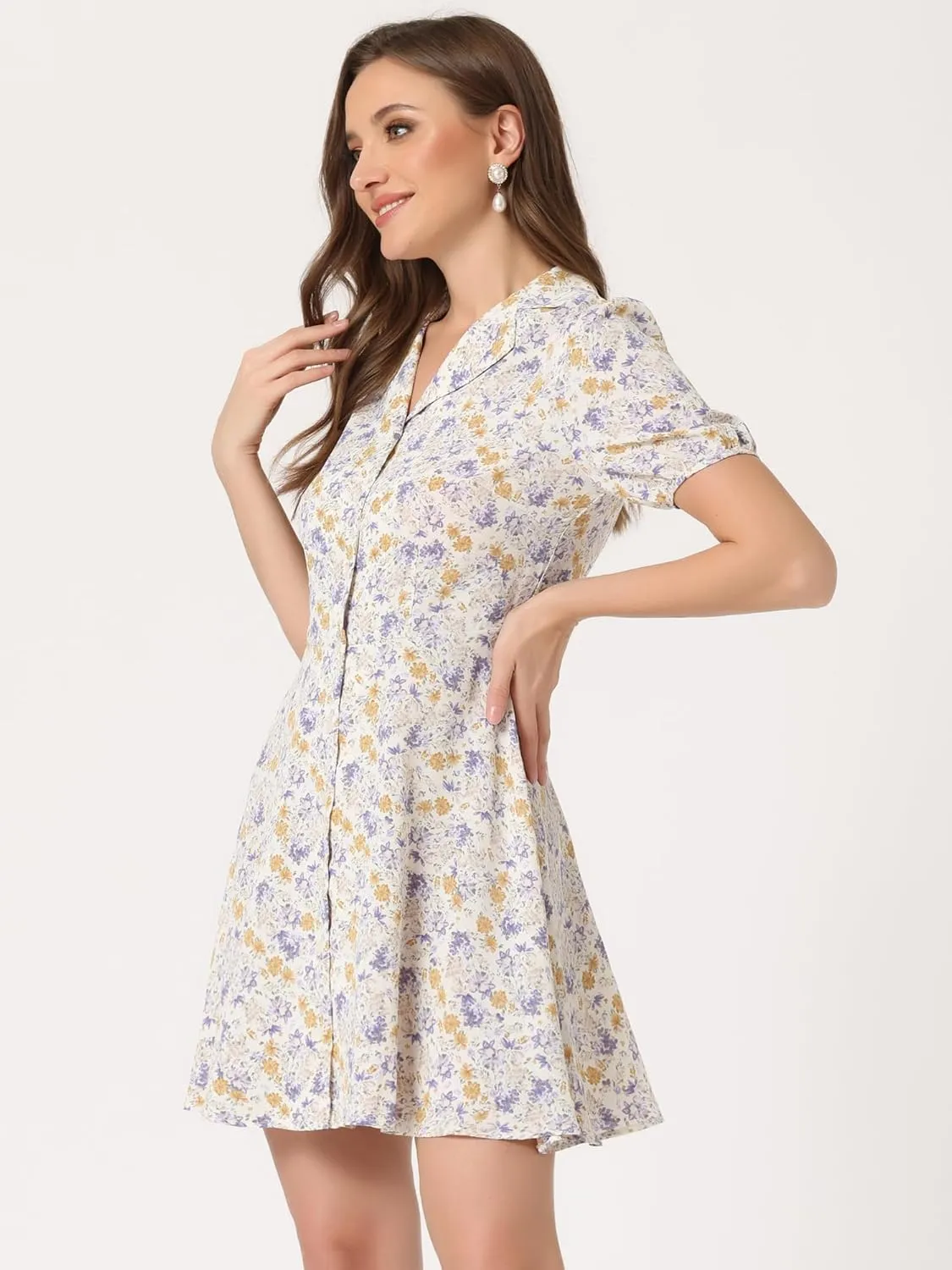Allegra K Women's Button Up Short Sleeve A-Line Chiffon Vintage Floral Shirt Dress