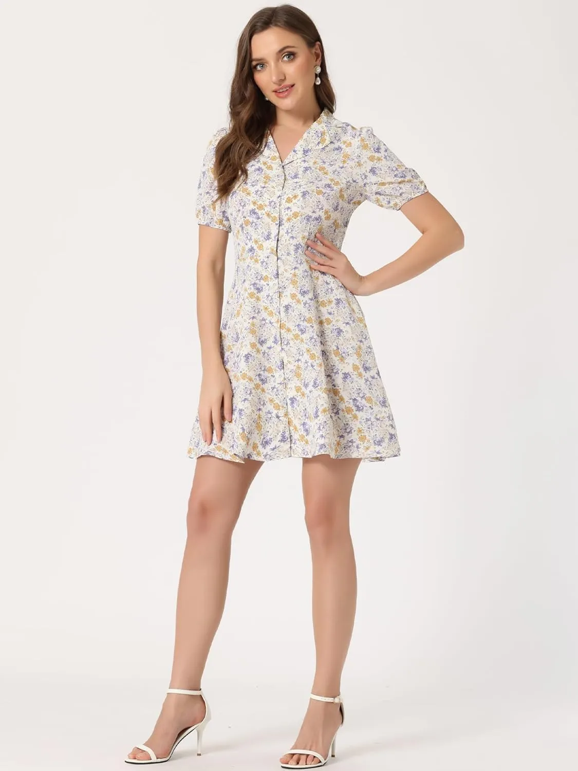 Allegra K Women's Button Up Short Sleeve A-Line Chiffon Vintage Floral Shirt Dress