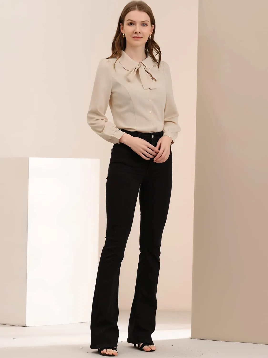 Allegra K Women's Peter Pan Collar Blouse Bow Tie Neck Vintage Button Up Shirt