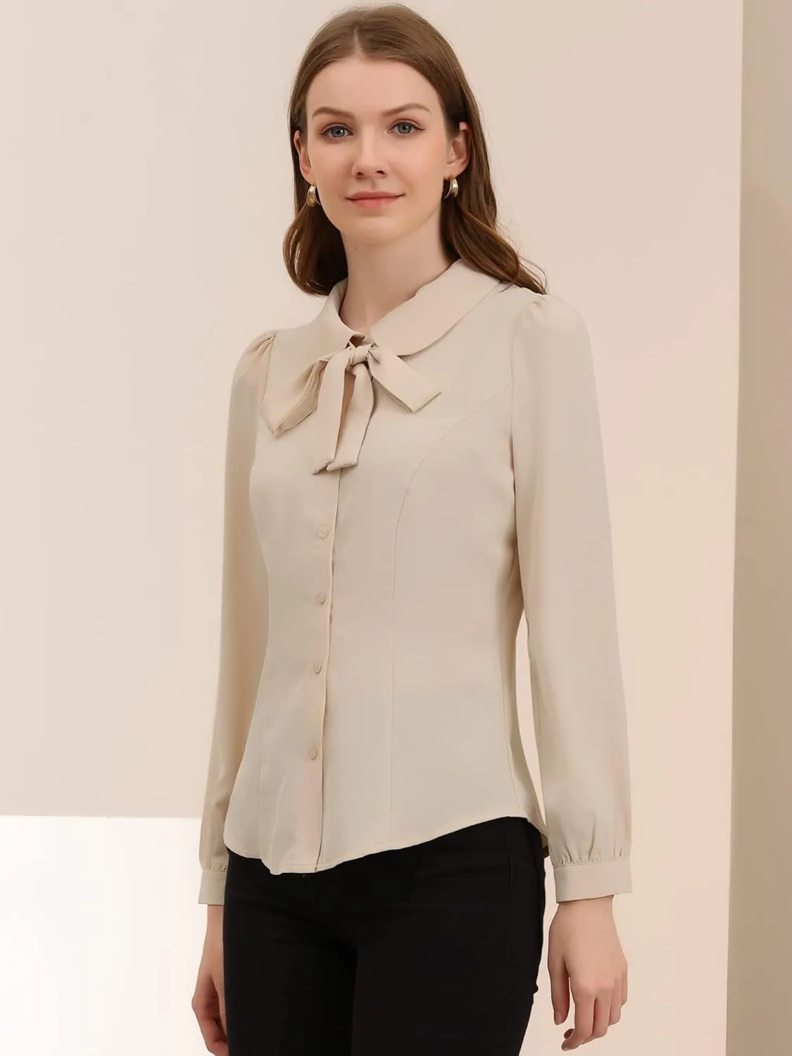 Allegra K Women's Peter Pan Collar Blouse Bow Tie Neck Vintage Button Up Shirt