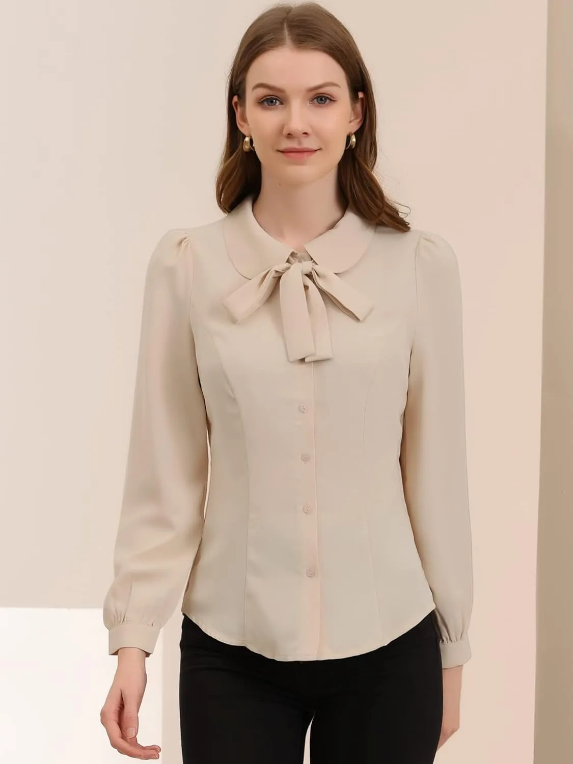 Allegra K Women's Peter Pan Collar Blouse Bow Tie Neck Vintage Button Up Shirt