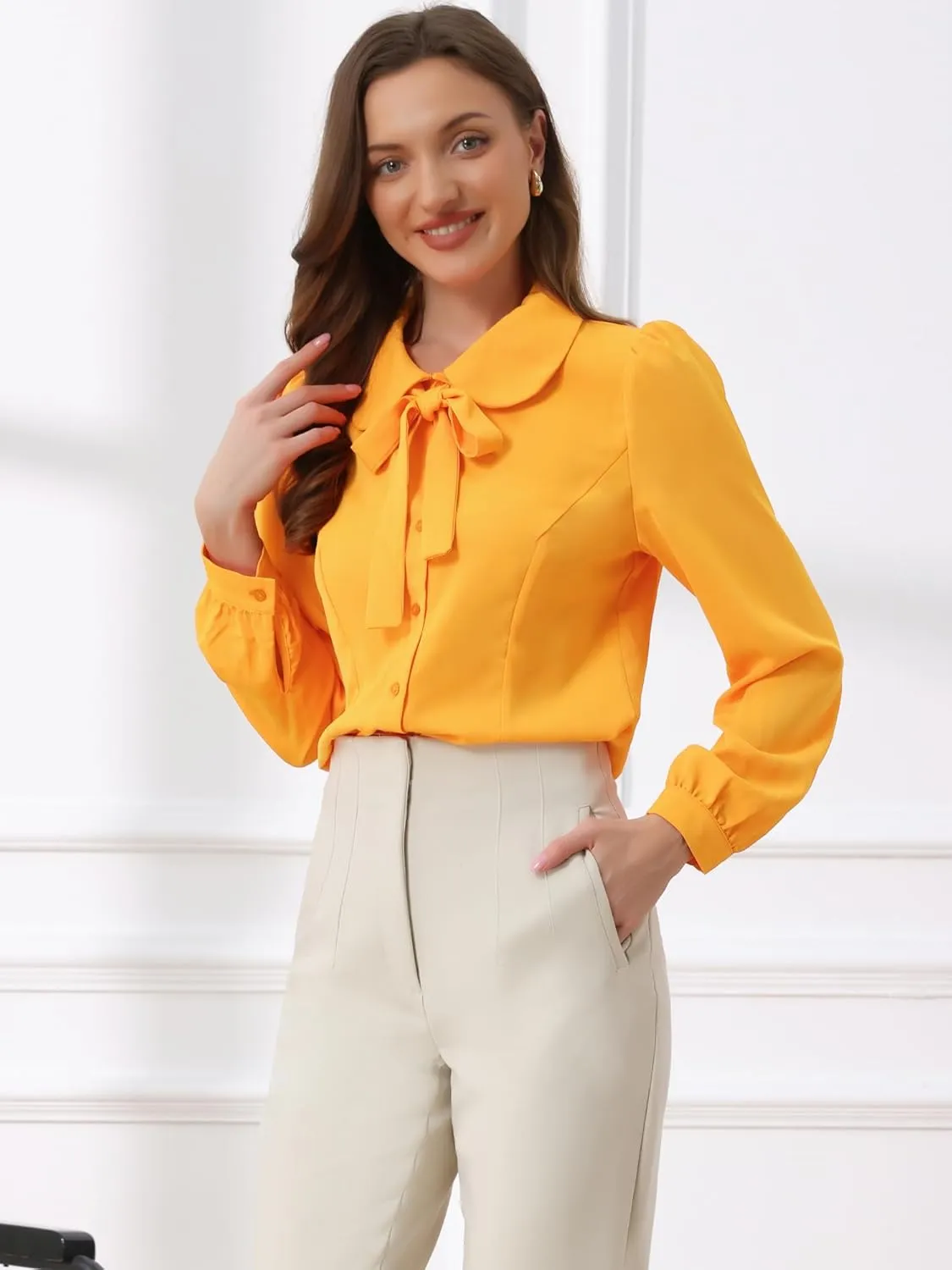 Allegra K Women's Peter Pan Collar Blouse Bow Tie Neck Vintage Button Up Shirt