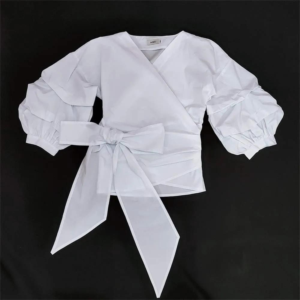 AOMEI Women Spring Summer Blouses with Puff Sleeve Sashes Shirts Tops