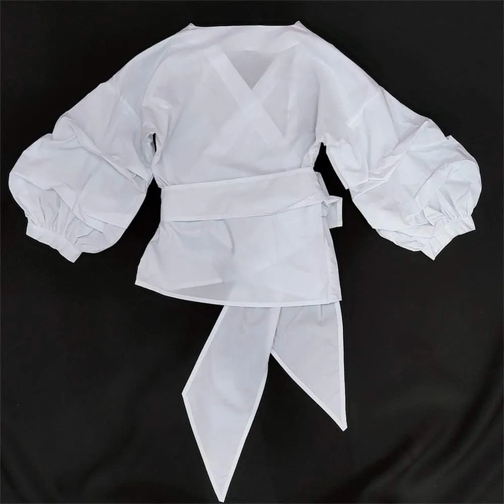 AOMEI Women Spring Summer Blouses with Puff Sleeve Sashes Shirts Tops