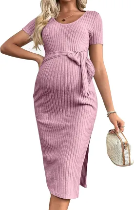 Crewneck Short Sleeve Maternity Dress Rib Knit Photoshoot Baby Shower Dresses Slit Pregnancy Clothes with Belt