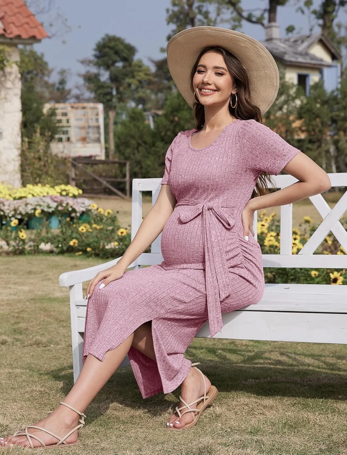Crewneck Short Sleeve Maternity Dress Rib Knit Photoshoot Baby Shower Dresses Slit Pregnancy Clothes with Belt