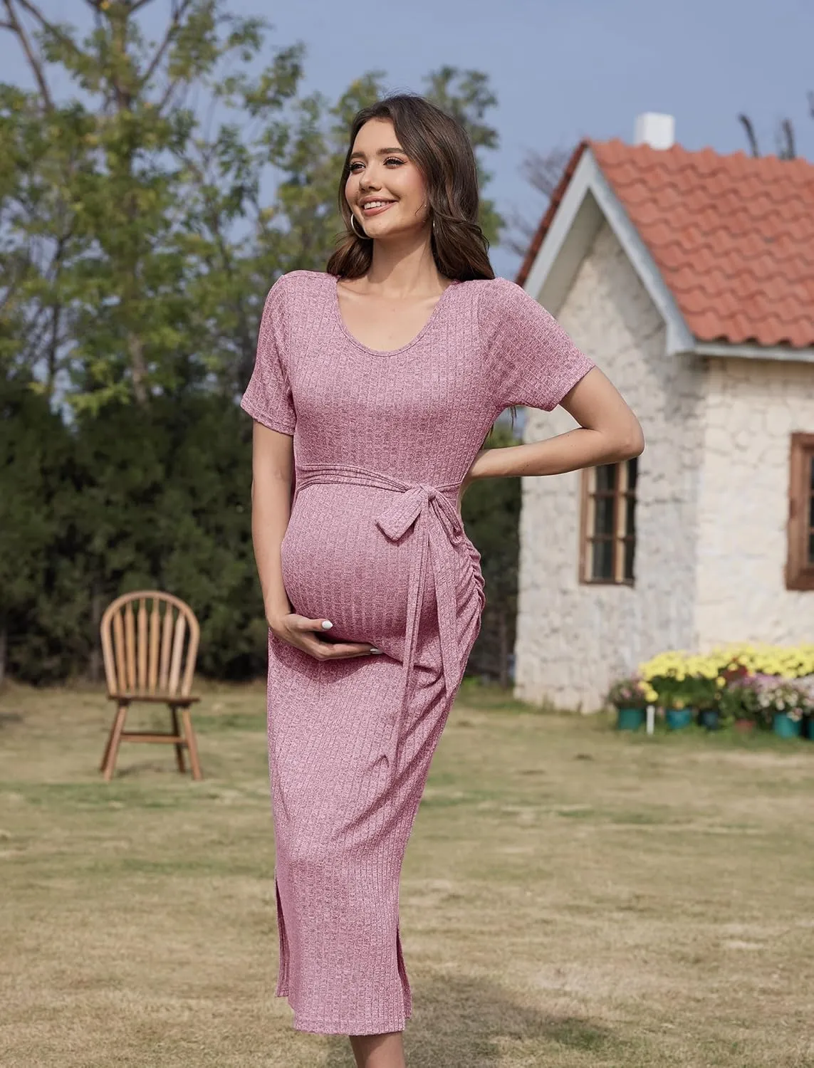 Crewneck Short Sleeve Maternity Dress Rib Knit Photoshoot Baby Shower Dresses Slit Pregnancy Clothes with Belt