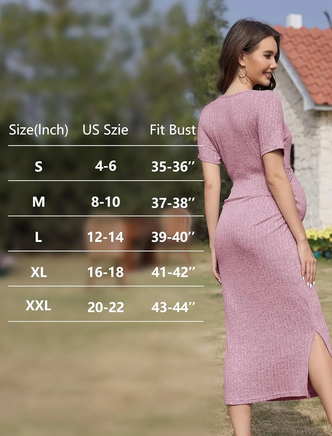 Crewneck Short Sleeve Maternity Dress Rib Knit Photoshoot Baby Shower Dresses Slit Pregnancy Clothes with Belt