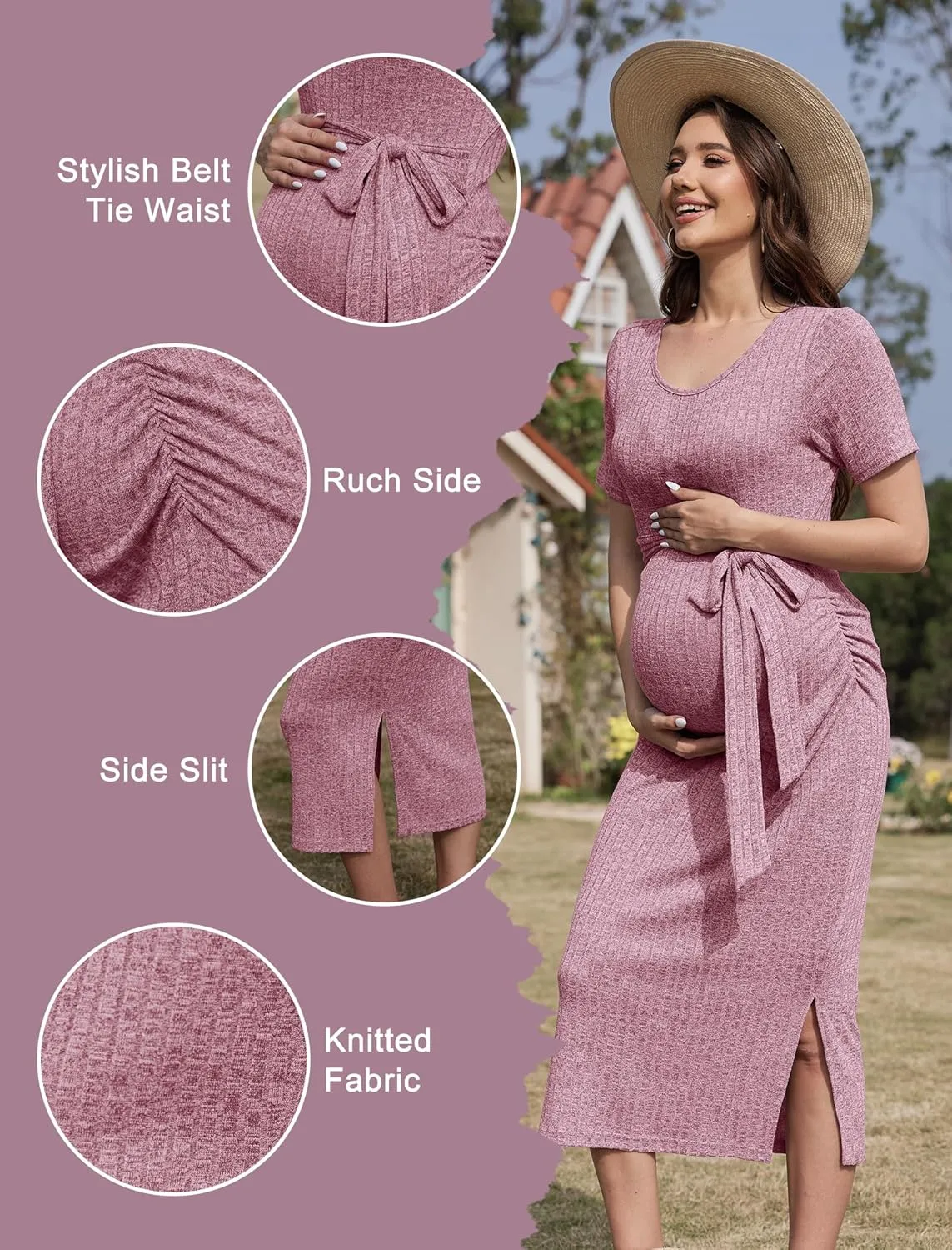 Crewneck Short Sleeve Maternity Dress Rib Knit Photoshoot Baby Shower Dresses Slit Pregnancy Clothes with Belt