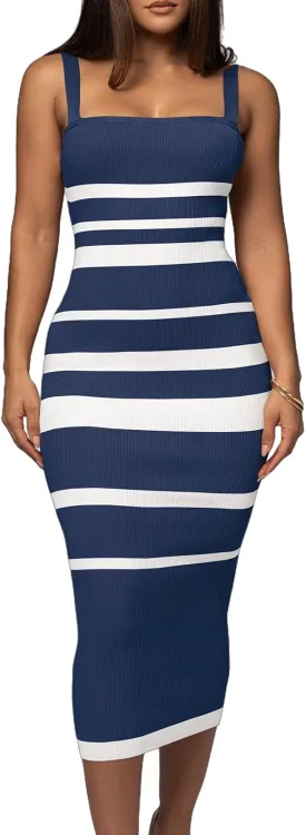 CutieLove Women's Casual Sleeveless Striped Bodycon Midi Dress Square Neck Ribbed Knit Dresses