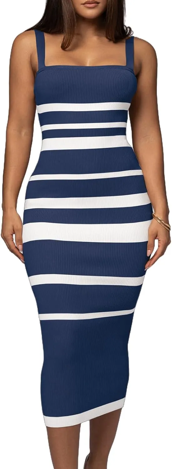 CutieLove Women's Casual Sleeveless Striped Bodycon Midi Dress Square Neck Ribbed Knit Dresses