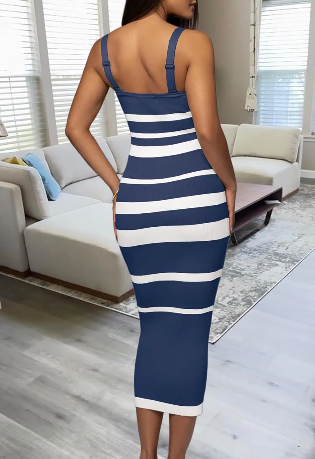 CutieLove Women's Casual Sleeveless Striped Bodycon Midi Dress Square Neck Ribbed Knit Dresses