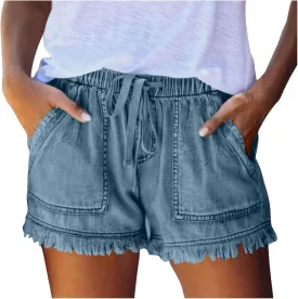 Drawstring Jean Shorts for Women Summer Casual Elastic Waist Raw Hem Denim Shorts Loose Fit Short Pants with Pockets