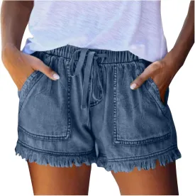 Drawstring Jean Shorts for Women Summer Casual Elastic Waist Raw Hem Denim Shorts Loose Fit Short Pants with Pockets