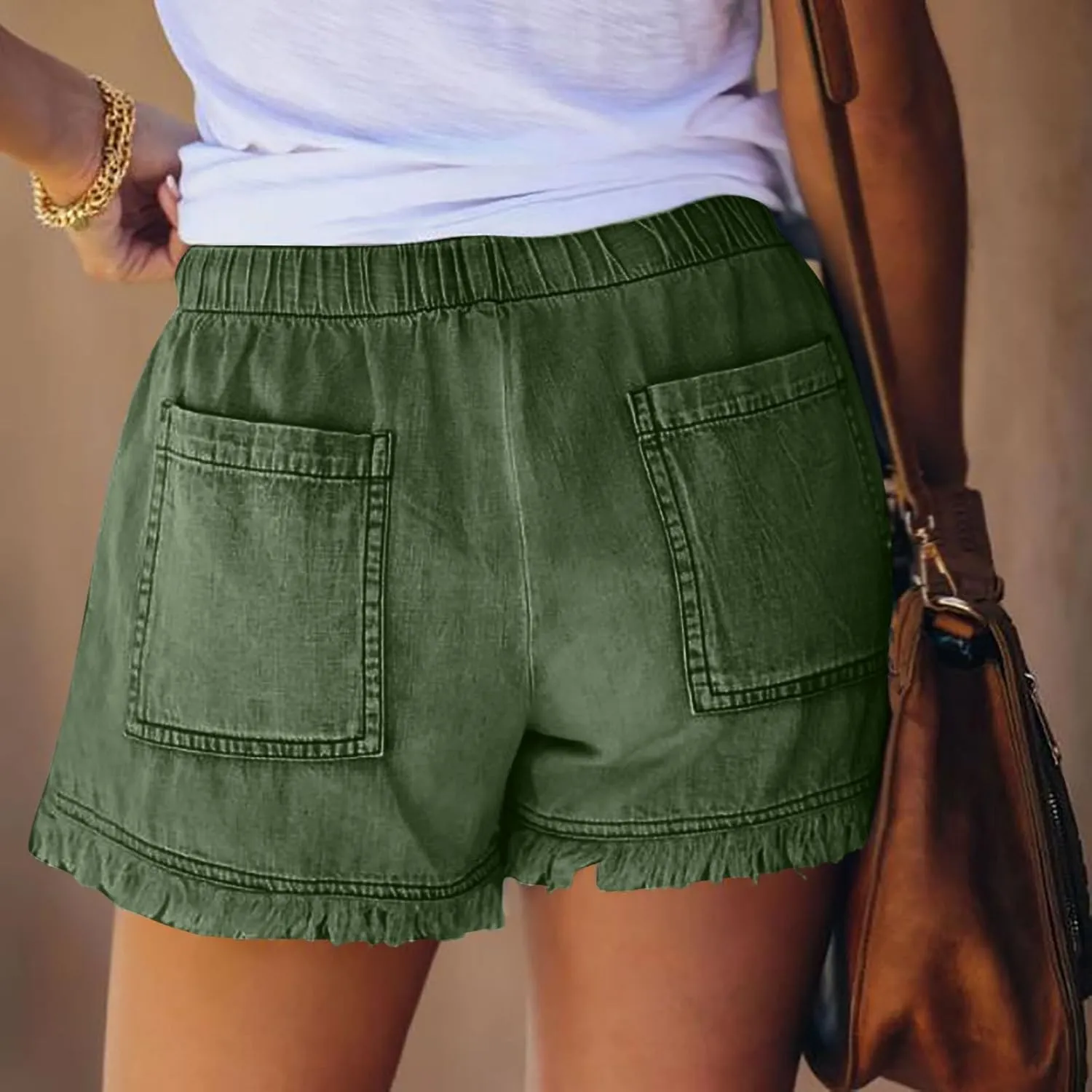 Drawstring Jean Shorts for Women Summer Casual Elastic Waist Raw Hem Denim Shorts Loose Fit Short Pants with Pockets