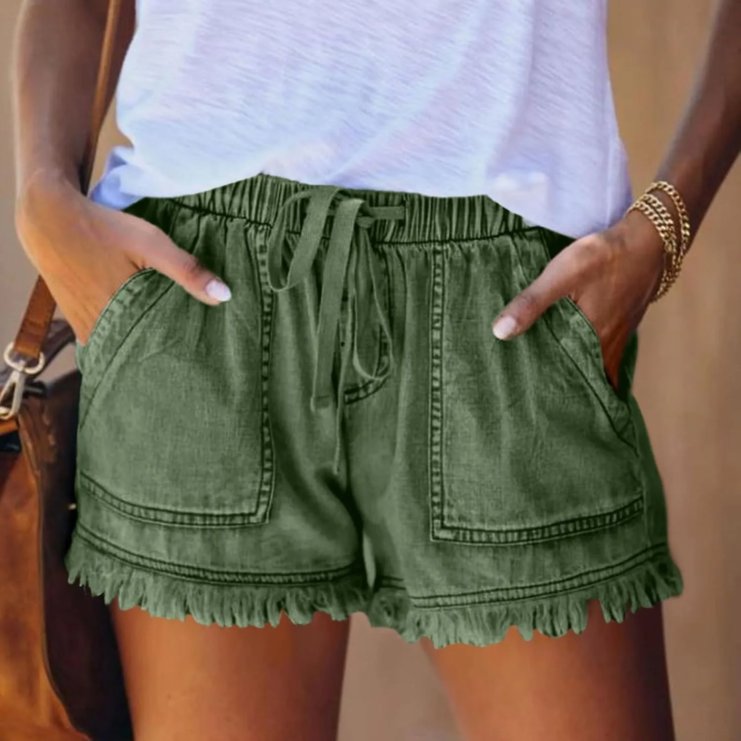 Drawstring Jean Shorts for Women Summer Casual Elastic Waist Raw Hem Denim Shorts Loose Fit Short Pants with Pockets
