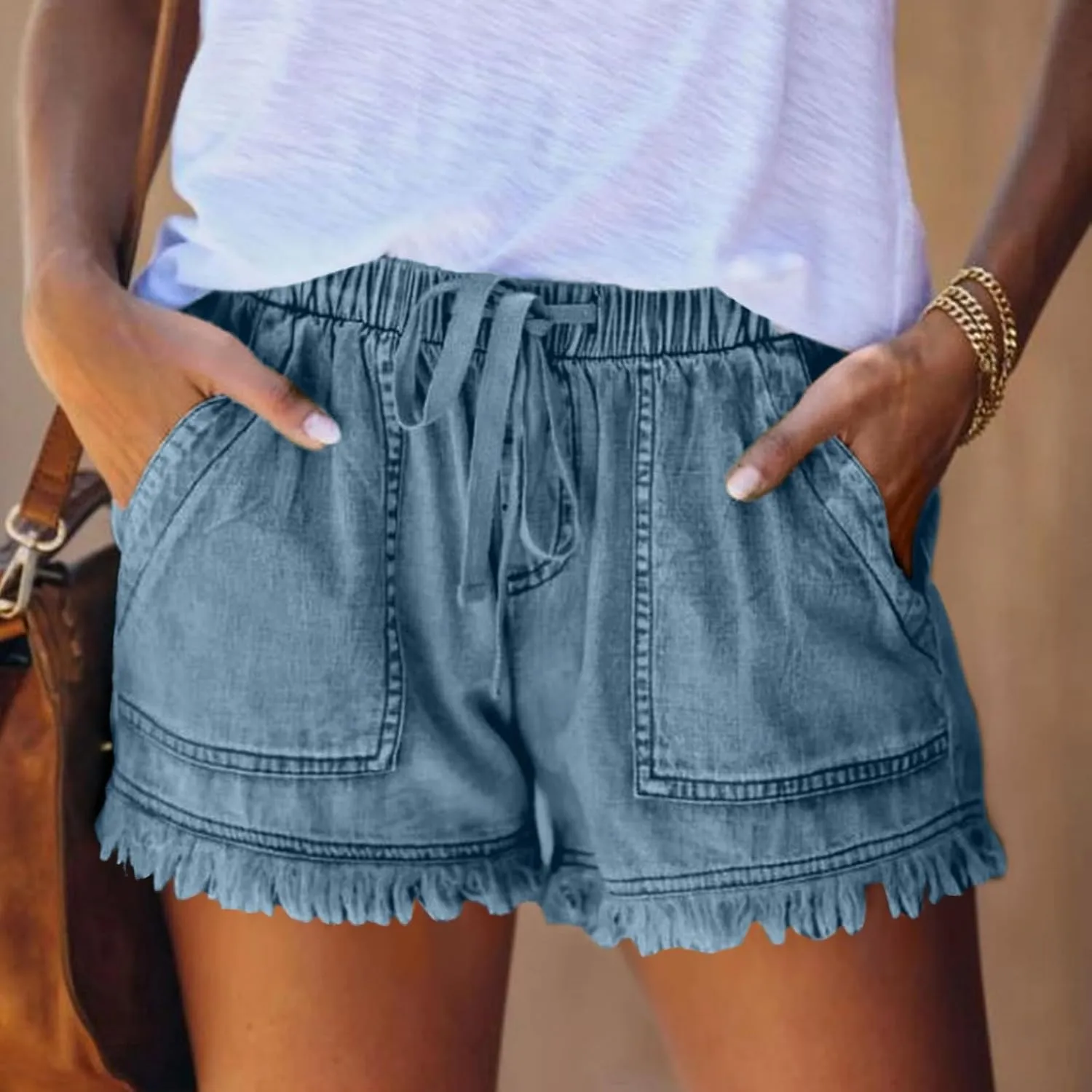 Drawstring Jean Shorts for Women Summer Casual Elastic Waist Raw Hem Denim Shorts Loose Fit Short Pants with Pockets