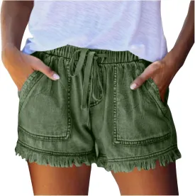 Drawstring Jean Shorts for Women Summer Casual Elastic Waist Raw Hem Denim Shorts Loose Fit Short Pants with Pockets