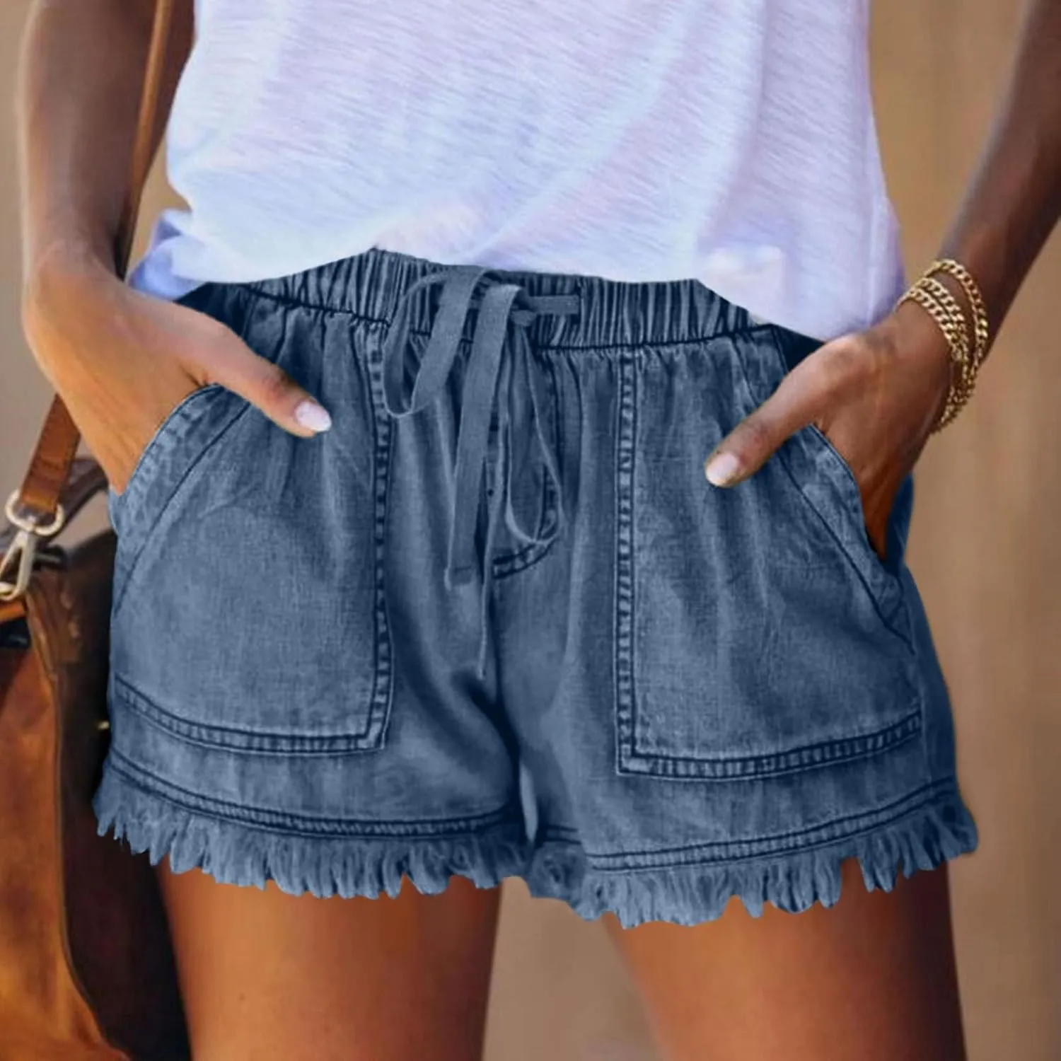 Drawstring Jean Shorts for Women Summer Casual Elastic Waist Raw Hem Denim Shorts Loose Fit Short Pants with Pockets