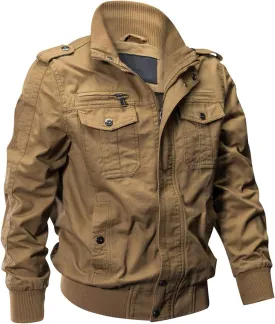 EKLENTSON Men's Cotton Lightweight Multi Pockets Zip Front Stand Collar Military Jackets Windbreaker