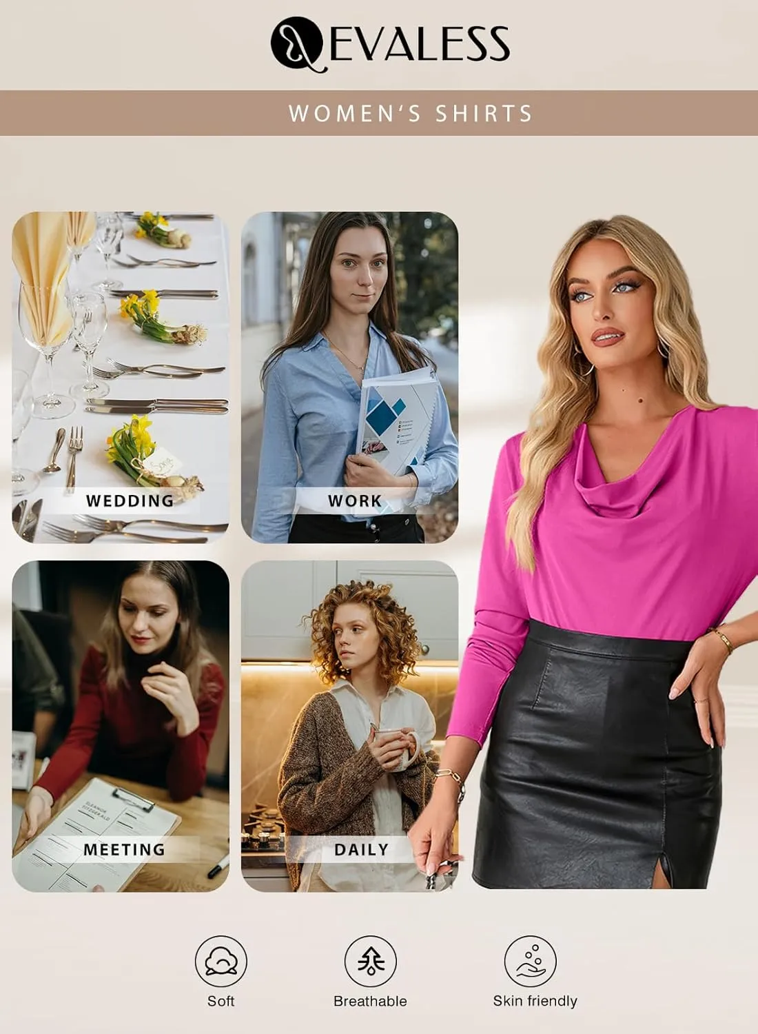 EVALESS Womens Tops Cowl Neck Shirts Long Sleeve Teacher Clothes Office Business Dressy Casual Blouse 2025 Spring Summer