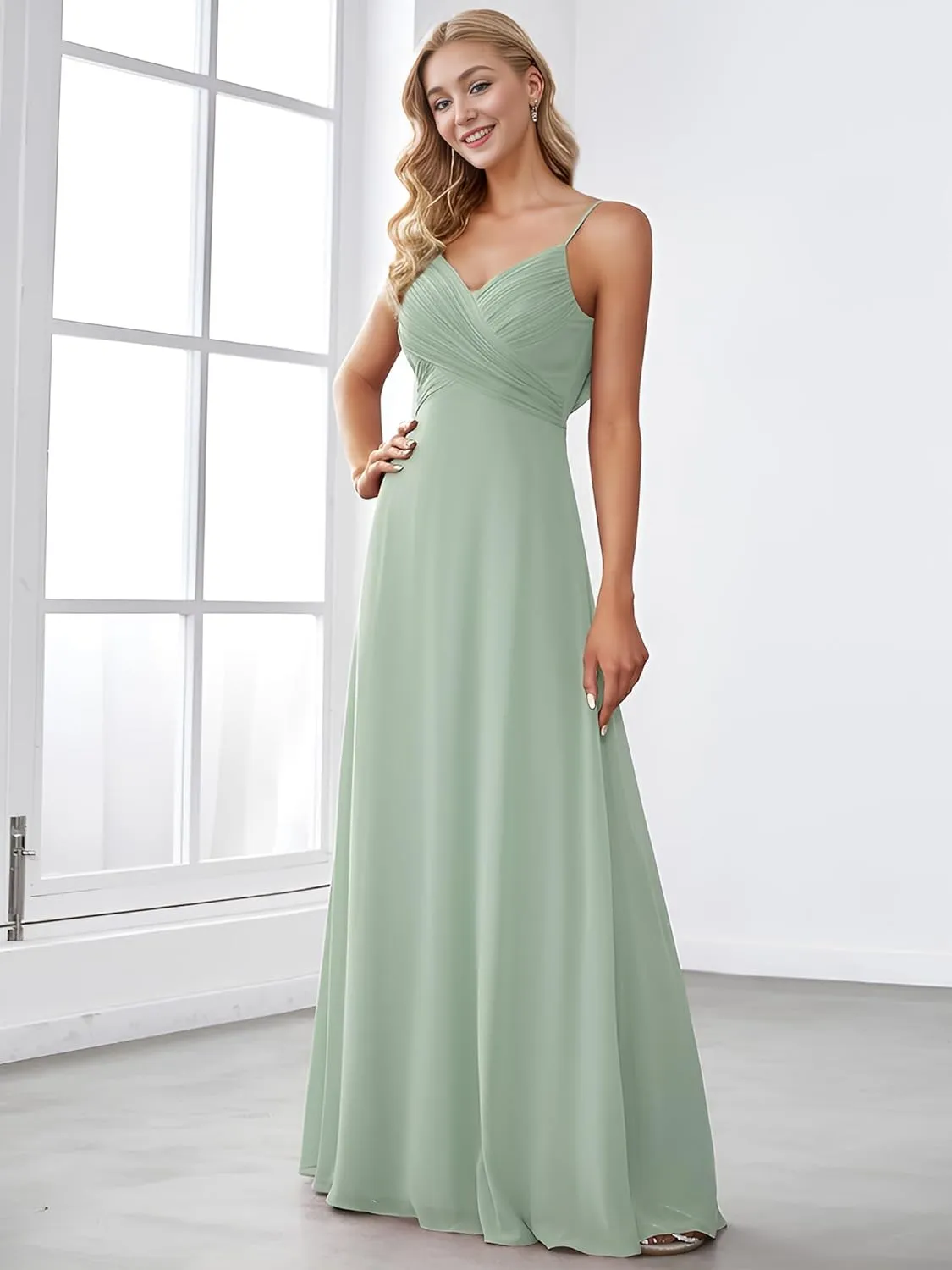Ever-Pretty Women's Sexy Spaghetti Straps Cowl Back Empire Waist A Line Pleated Chiffon Bridesmaid Dress 80026-PH