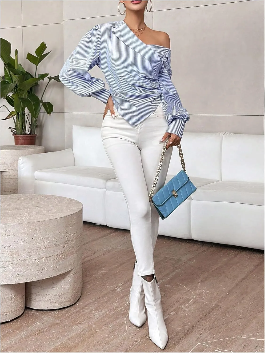 GORGLITTER Women's Striped Ruched Wrap Shirt Tops Asymmetrical Neck Lantern Sleeve Blouse