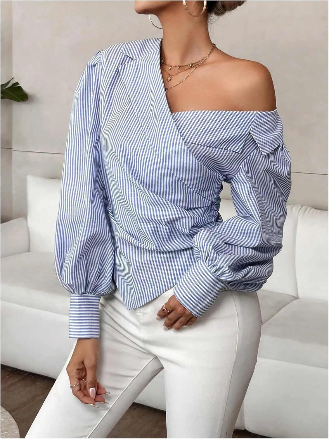 GORGLITTER Women's Striped Ruched Wrap Shirt Tops Asymmetrical Neck Lantern Sleeve Blouse