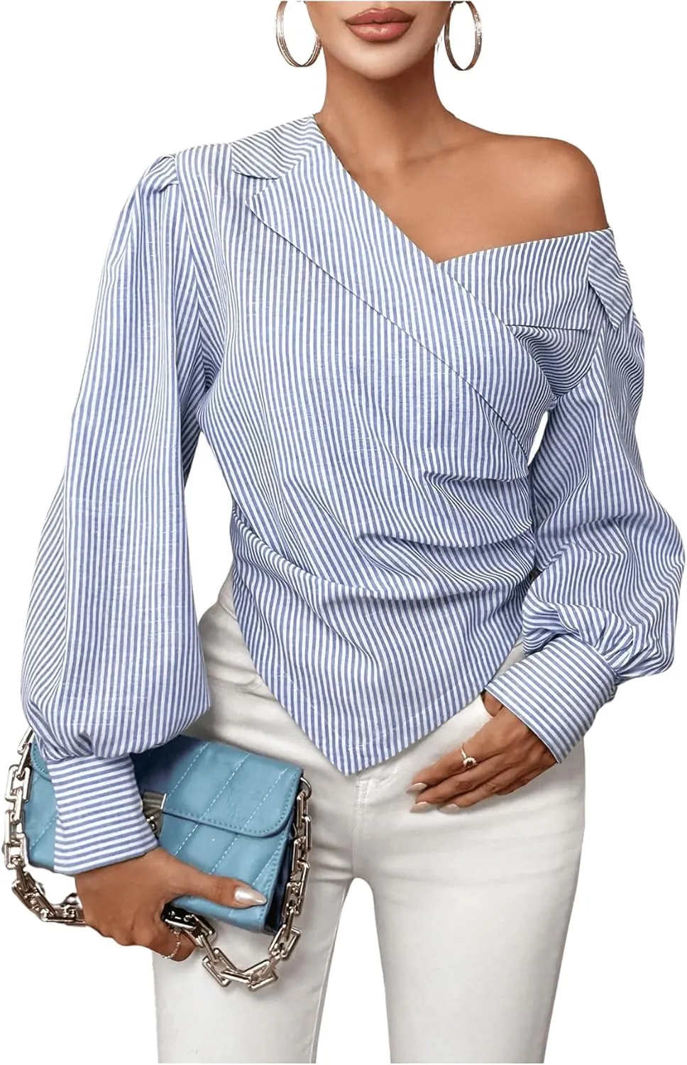 GORGLITTER Women's Striped Ruched Wrap Shirt Tops Asymmetrical Neck Lantern Sleeve Blouse