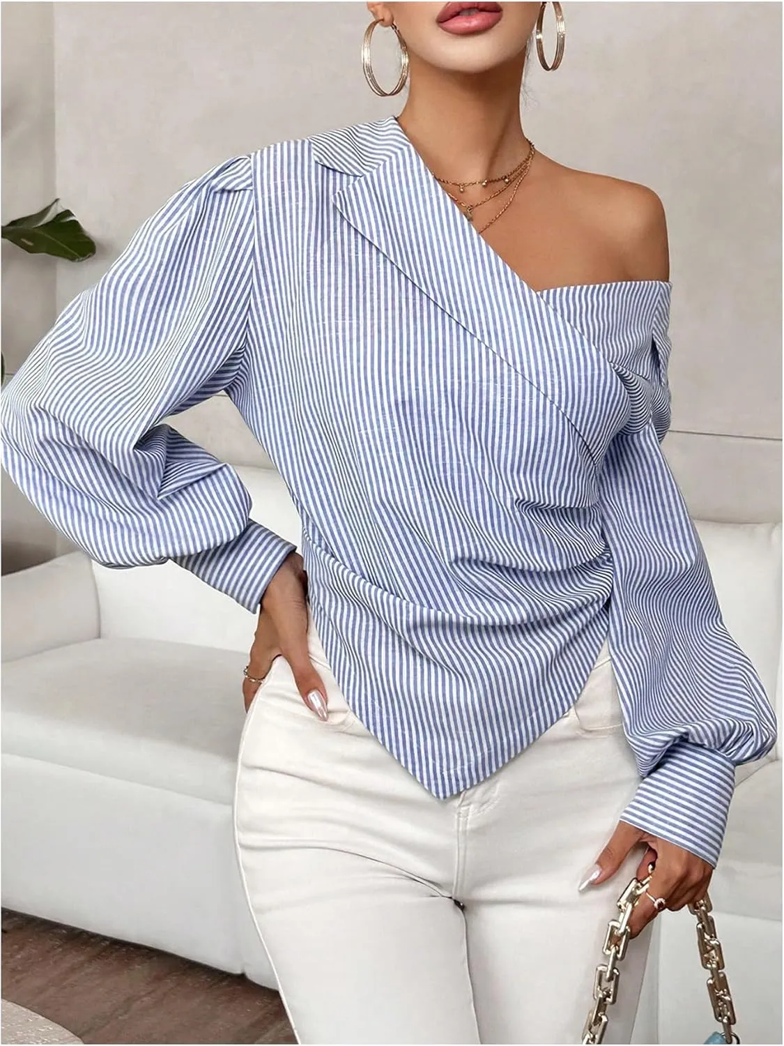 GORGLITTER Women's Striped Ruched Wrap Shirt Tops Asymmetrical Neck Lantern Sleeve Blouse