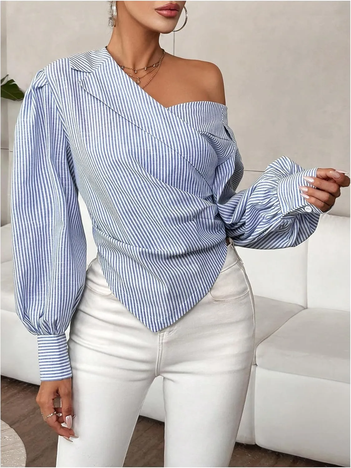 GORGLITTER Women's Striped Ruched Wrap Shirt Tops Asymmetrical Neck Lantern Sleeve Blouse