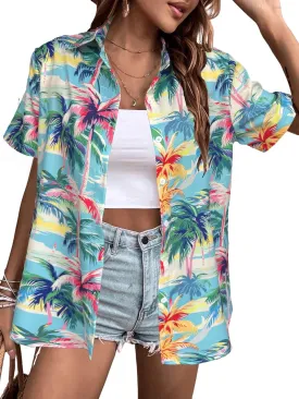 Hawaiian Shirts Women Hawaii Tshirt Cool Floral Tropic Print Graphic Tees Tops Button Up Summer Vacation Shirt