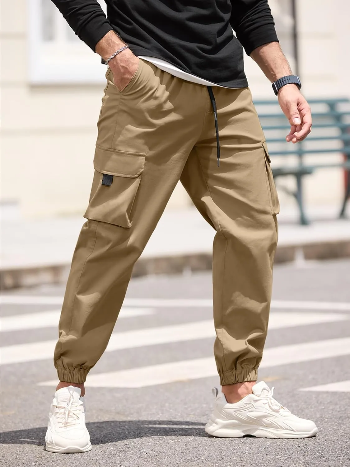 HOTake Mens Casual Cargo Pants Stretch Elastic Waist Drawsring Joggers Pants for Men with Pockets