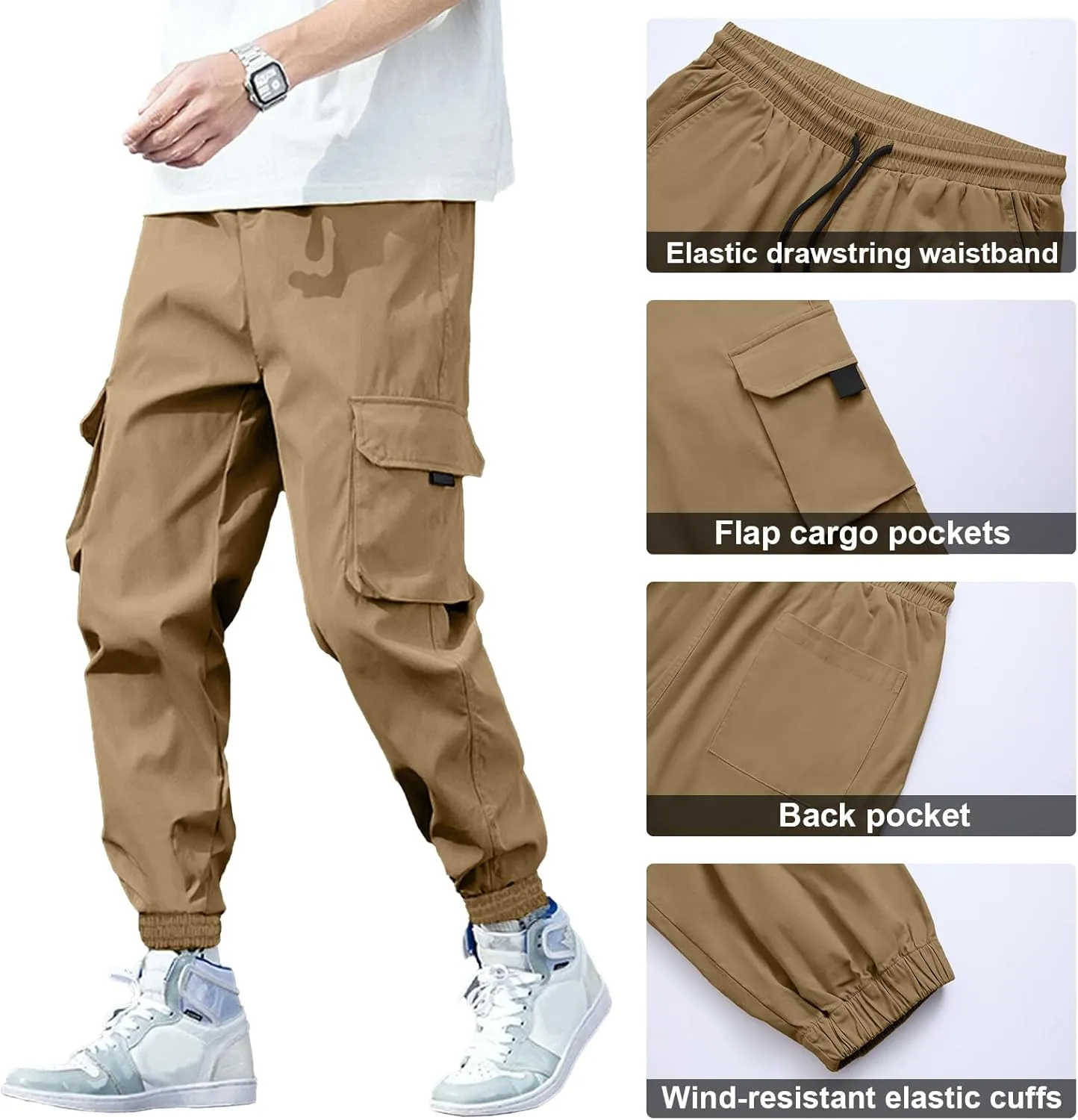 HOTake Mens Casual Cargo Pants Stretch Elastic Waist Drawsring Joggers Pants for Men with Pockets